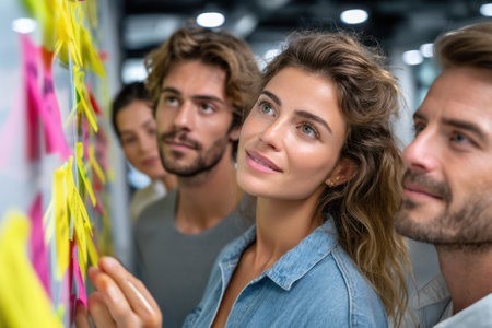 Group of professionals engages in brainstorming, reviewing colorful notes on a wall in a creative workspace.の写真素材
