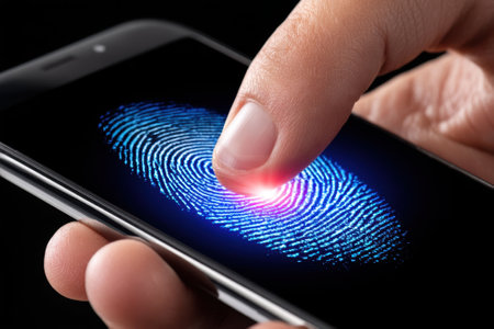 User activates fingerprint recognition feature on mobile device, ensuring secure access with biometric technology.の写真素材