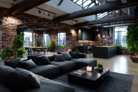Spacious loft features exposed brick, natural light, and stylish decor with plants for a vibrant atmosphere.の写真素材