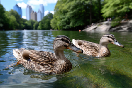 Two ducks glide across a calm lake surrounded by lush greenery and city skyscrapers under a clear sky.の写真素材