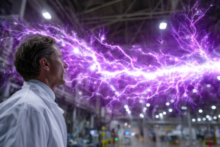 A scientist appears focused as electric energy trails swirl around him during a lab experiment.の写真素材