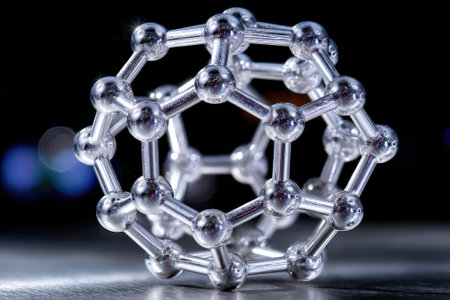 A molecular model of spheres and sticks displays its chemical bonds against a dark background, showing its design.の素材