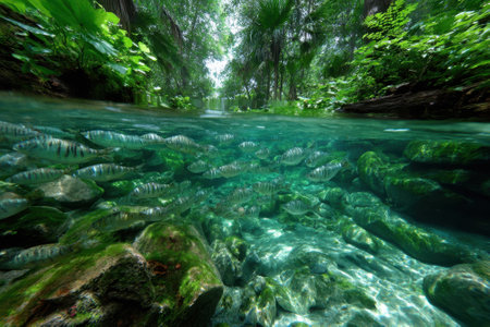 Various fish swim gracefully through clear, turquoise waters surrounded by vibrant greenery and rocks.の写真素材