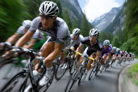 Competitive cyclists navigate a winding road surrounded by lush forests and towering mountains during a race.の写真素材