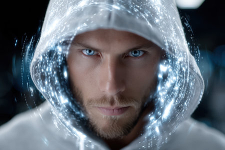 A man stares intently with bright blue eyes, wearing a hoodie that emits a glowing aura in a dark environment.の写真素材