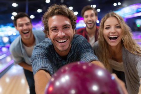 Four friends smile brightly while posing for a fun group shot at the bowling alley during an energetic night.の写真素材