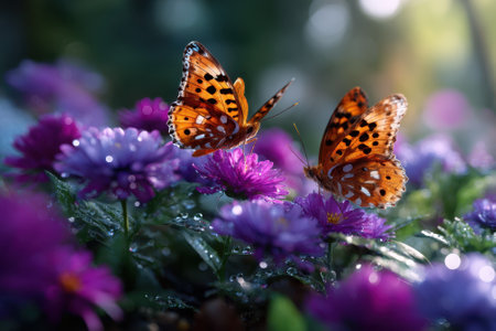 Two butterflies explore a bed of bright purple and pink flowers, showing nature's beauty and diversity.の写真素材