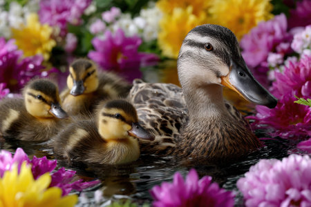 A mother duck swims gently with her four ducklings surrounded by vibrant flowers in a tranquil pond.の写真素材