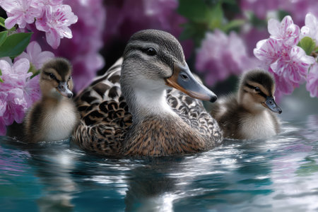 A mother duck glides calmly through a tranquil pond with her ducklings, surrounded by vibrant pink flowers.の写真素材