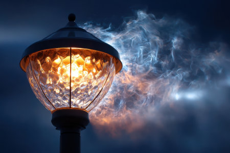 A well-designed lamp emits a warm glow, surrounded by swirling smoke in a dark evening sky.の写真素材