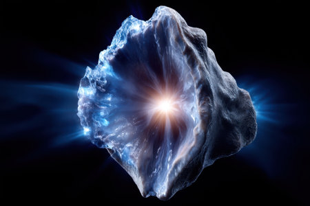 An intriguing cosmic shell showcases a bright core, surrounded by a dark void and glowing blue energy effects.の写真素材