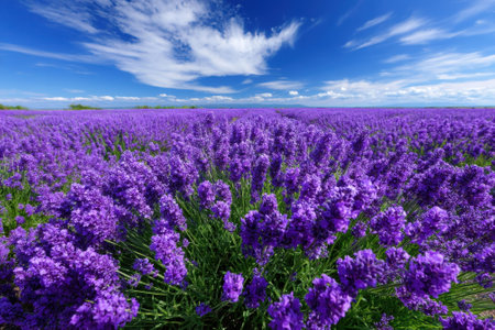 A vast lavender field bursts with purple flowers against a bright blue sky, showing nature's beauty.の写真素材