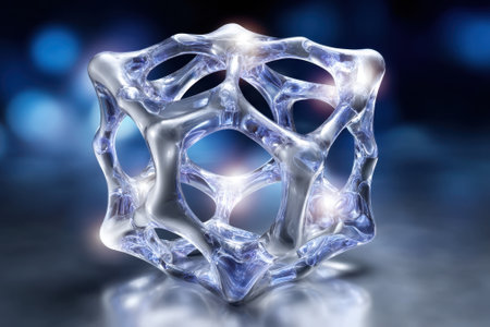 An intricate translucent geometric structure showcases light reflections in a serene background.の写真素材