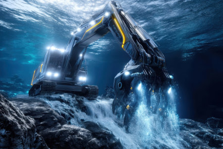 A powerful underwater excavator is maneuvering through rocky terrain, illuminated by blue lights in a dark ocean.の写真素材
