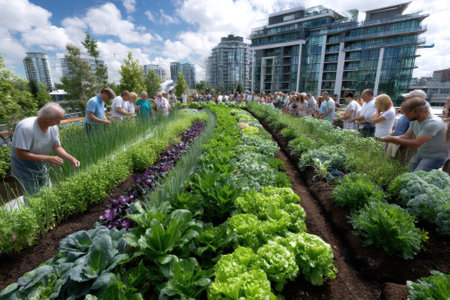 Volunteers participate in planting and tending to vegetables in a vibrant urban rooftop garden filled with greenery.の写真素材