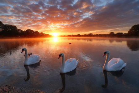 Three elegant swans swim peacefully in a serene lake at dawn, with a vibrant sunrise reflecting in the water.の写真素材