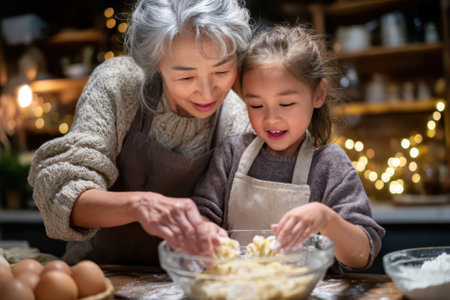 A grandmother and her granddaughter smile while mixing dough in a bowl on a festive kitchen countertop.の写真素材