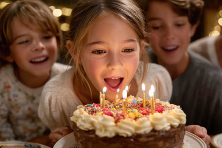 Kids excitedly gather around a decorated cake with candles, ready to celebrate a birthday moment.の写真素材