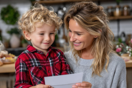A mother and son joyfully share a moment together in a warmly decorated kitchen, celebrating the holidays.の素材