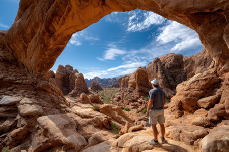A person stands among dramatic rock formations, taking in the breathtaking views of nature's artistry.の写真素材