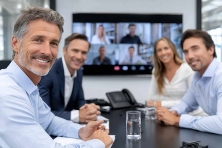 Four professionals collaborate in a virtual meeting, discussing strategies in a modern office.の写真素材