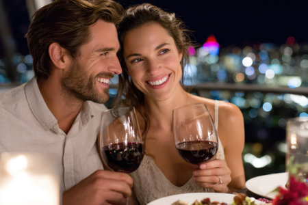 Couple enjoys a joyful moment raising glasses of red wine while dining under evening lights.の写真素材