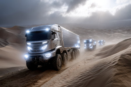 Trucks drive in a line across deep sands, battling a fierce desert sandstorm under a dramatic sky.の写真素材