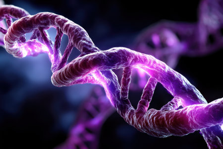 Detailed view of DNA helix showing its double-stranded structure with vibrant colors and lights.の写真素材