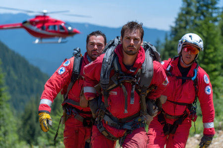 A team of rescue professionals in red gear maneuvers through a forested area while a helicopter flies above.の写真素材