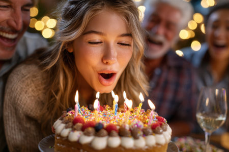 A young woman blows out candles on a decorated cake while family members share smiles and joy.の写真素材