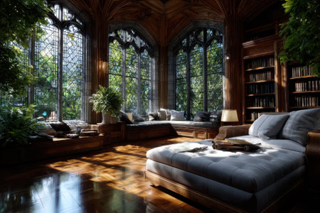 A spacious reading area features wooden interiors, natural light, and views of vibrant foliage outside.の写真素材