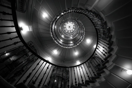 A stunning spiral staircase in a historical building showcases intricate details and glowing lights at night.の写真素材
