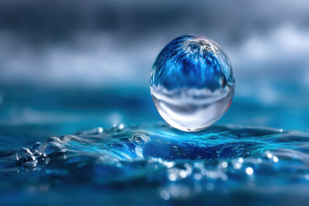 A crystal clear droplet hovers just above the rippling blue water, reflecting beautiful patterns and colors.の素材