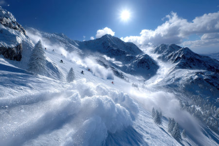 Snowmobiles race through fresh powder against a stunning mountain backdrop on a clear winter day.の写真素材