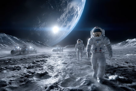 Two astronauts walk across the moon's surface, exploring the landscape while the Earth rises in the background.の写真素材