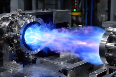 A specialized engine in a lab produces bright blue flames, showing advanced propulsion technology.の写真素材