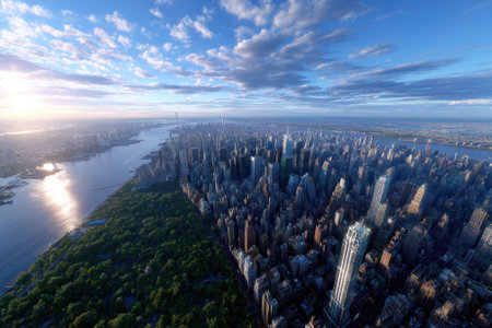 A breathtaking aerial perspective of New York City reveals skyscrapers, the waterfront, and lush greenery.の写真素材