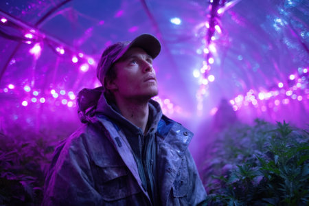 A young man observes the vibrant lights illuminating the plants inside a greenhouse at dusk.の写真素材