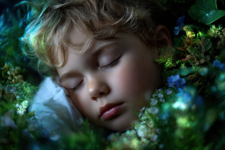 A young child is lying asleep among a bed of colorful flowers and soft greenery during the twilight hours.の写真素材