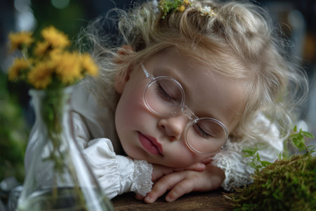 A young girl with curly blonde hair sleeps peacefully with glasses, surrounded by blooming flowers.の写真素材