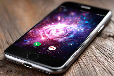 A smartphone rests on a wooden surface, showing a colorful cosmic wallpaper with swirling patterns.の写真素材