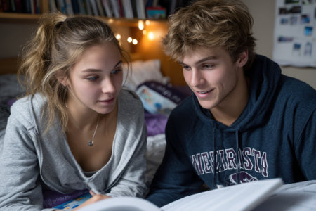 Two young adults sit side by side in a bedroom, studying together with books illuminated by soft light.の写真素材