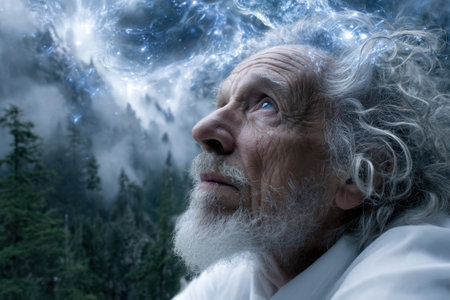 An elderly man with white hair contemplates the starry sky while surrounded by towering trees and mist.の写真素材