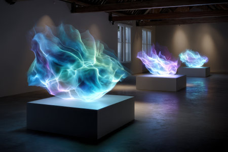 Intricate light formations reveal stunning colors in a spacious gallery environment, captivating visitors.の写真素材