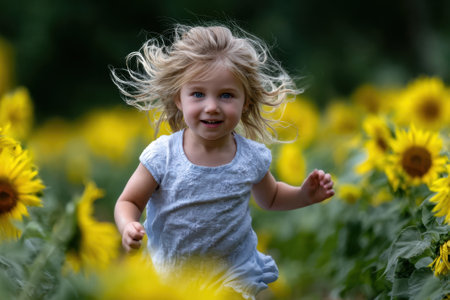 A cheerful child runs enthusiastically through a field filled with bright sunflowers on a sunny day.の写真素材