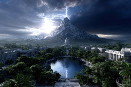 A grand mountain looms above a tranquil lake, framed by vibrant foliage under a dramatic sky at dawn.の写真素材