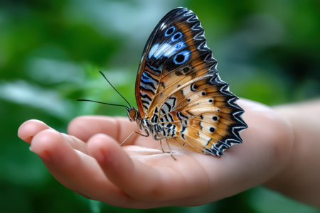 A vibrant butterfly with striking patterns delicately perched on a child's open palm surrounded by greenery.の写真素材
