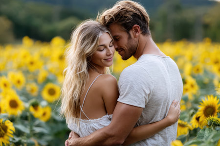 Two people share a tender moment in a field of bright sunflowers under a sunny sky.の写真素材