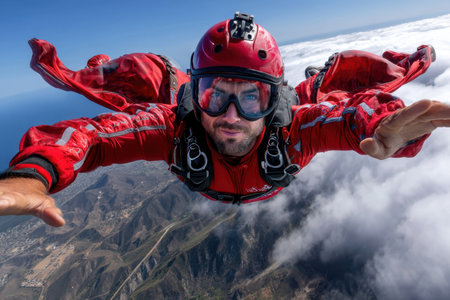 A skydiver in a bright red suit dramatically flies through fluffy clouds above a scenic mountainous landscape.の写真素材