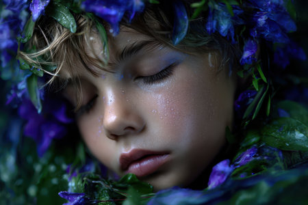 A young child rests with closed eyes, framed by lush greenery and vibrant flowers, evoking tranquility in nature.の写真素材